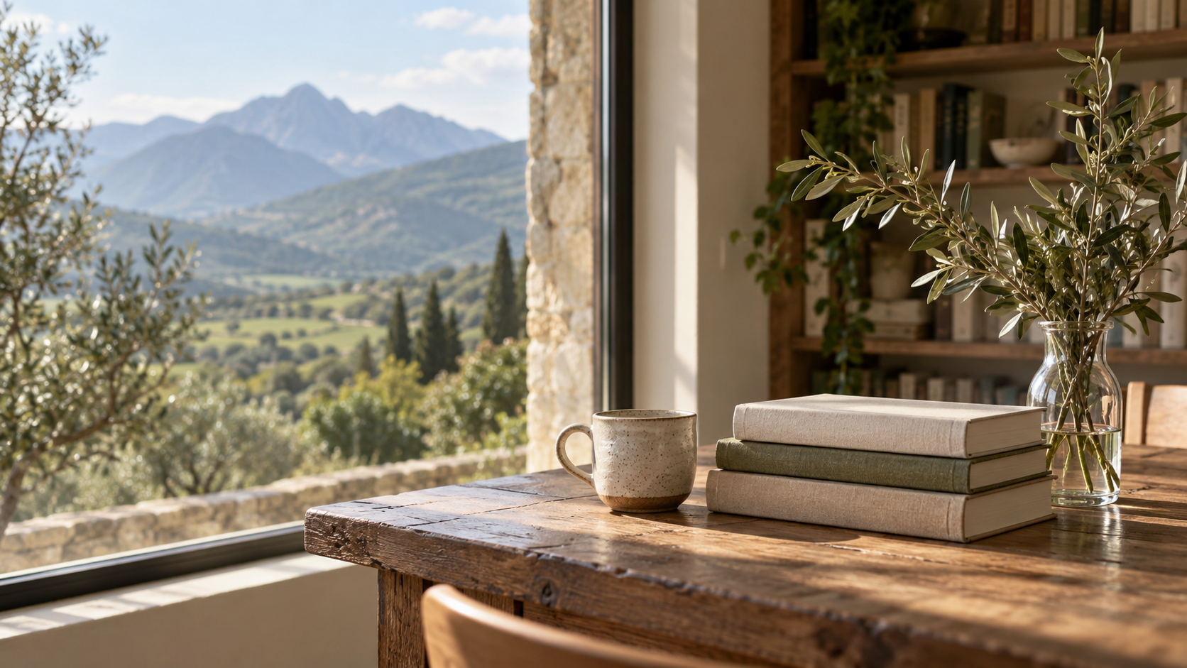 Books, a cup and green branches on a wooden table